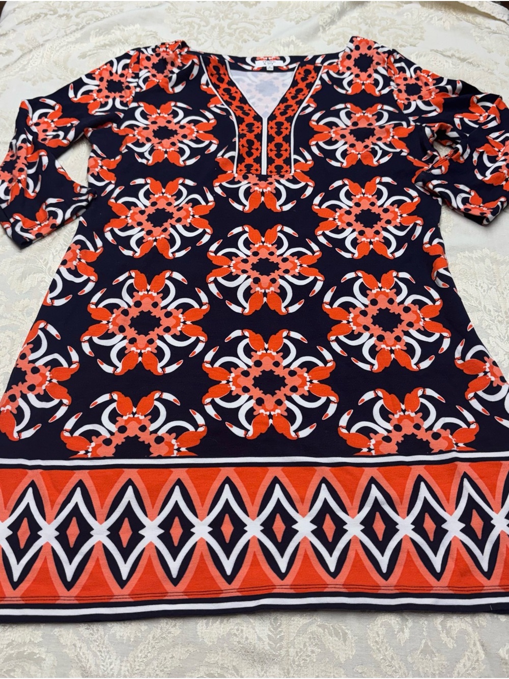 crown & ivy Navy Midi Dress with Coral and White Geometric Print